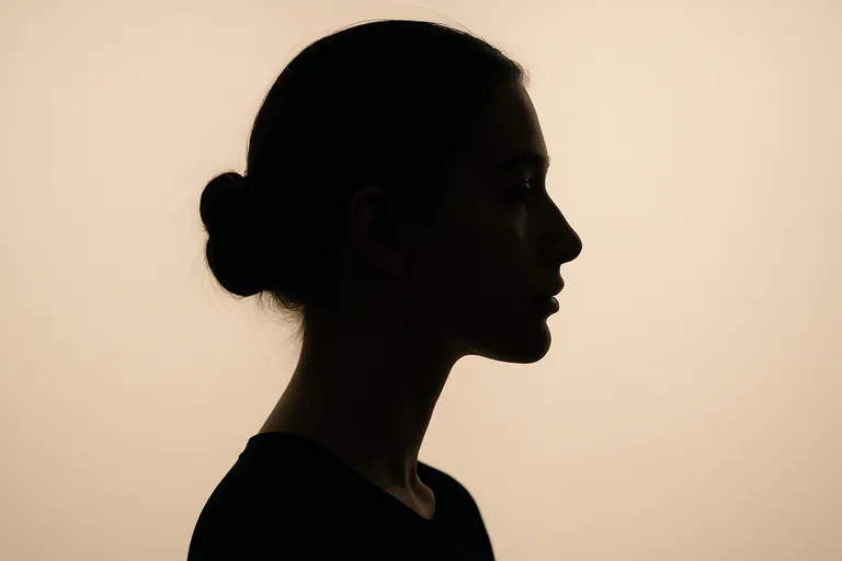 A side-profile silhouette portrait of a woman with her hair in a bun, against a softly lit background.