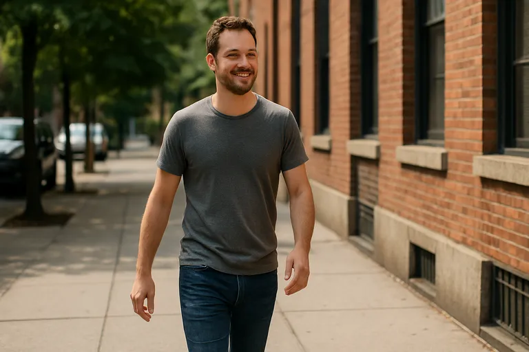 A man walking casually down a sidewalk, captured mid-step, with natural arm movement.