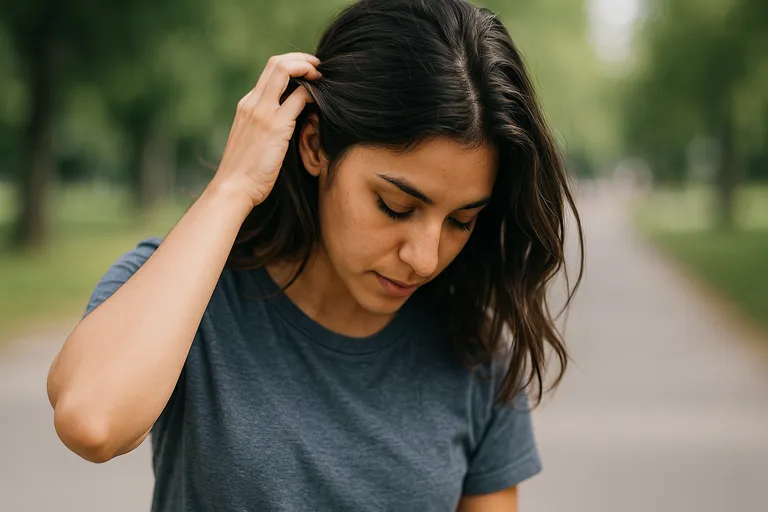 A candid moment of a person looking down while adjusting their hair.