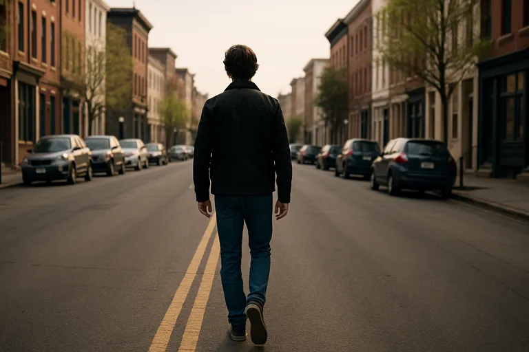 Subject walking away from the camera down a long street.