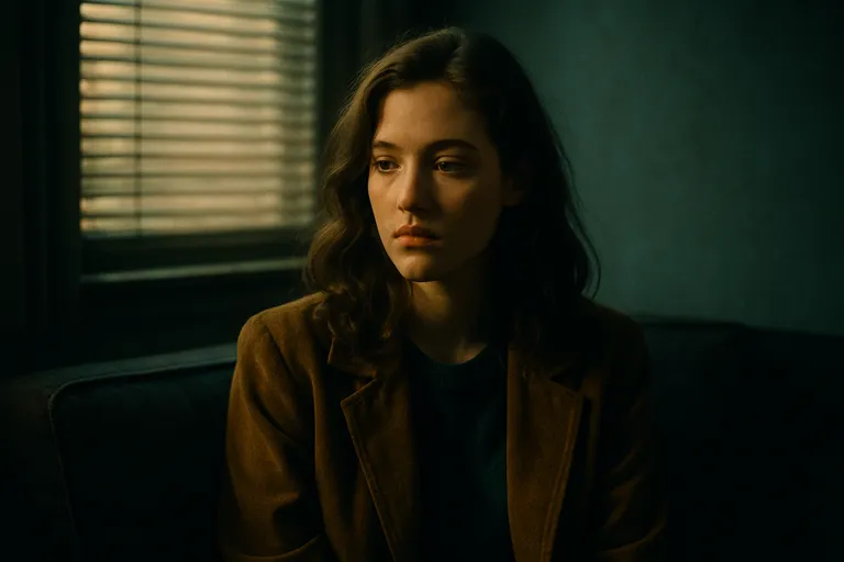 A moody interior scene with a woman sitting by a window, featuring the distinct teal and yellow color balance of 90s drama films.