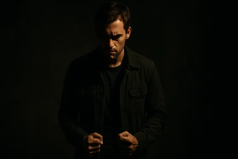 A character standing still with hands clenched, dramatic shadows emphasizing emotion.