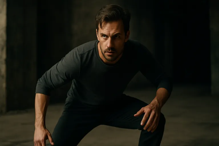 A character in a ready stance as if preparing to move.