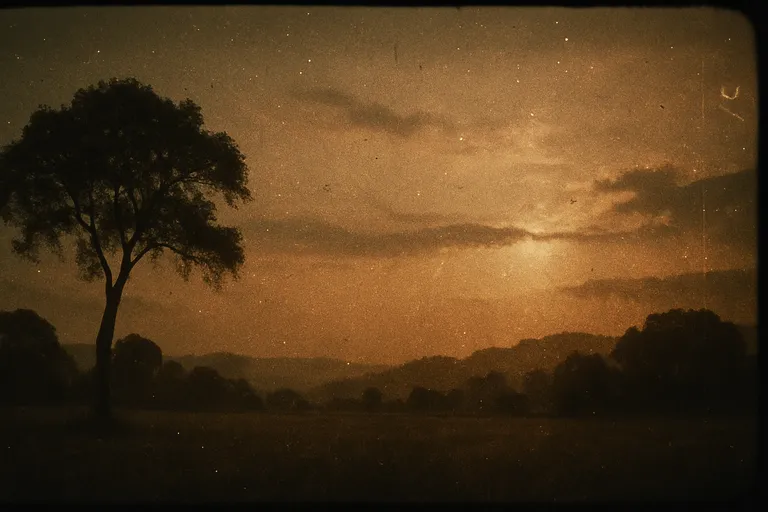 A sunset landscape with heavy analog grain and subtle dust and scratches overlay for an aged film look.