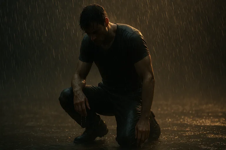 A character kneeling in rain under dramatic lighting.