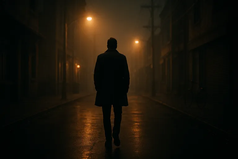 Subject walking away into a dimly lit street.