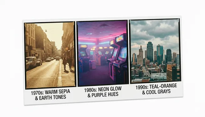 A three-panel comparison showing 70s warm sepia, 80s neon glow, and 90s teal-orange color grading styles.
