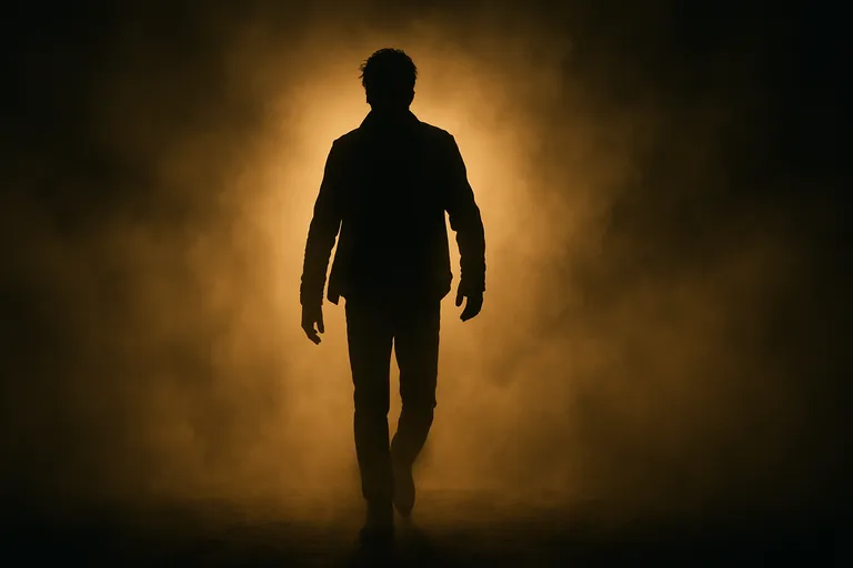 A character walking forward through fog or dust, dramatic lighting behind them.