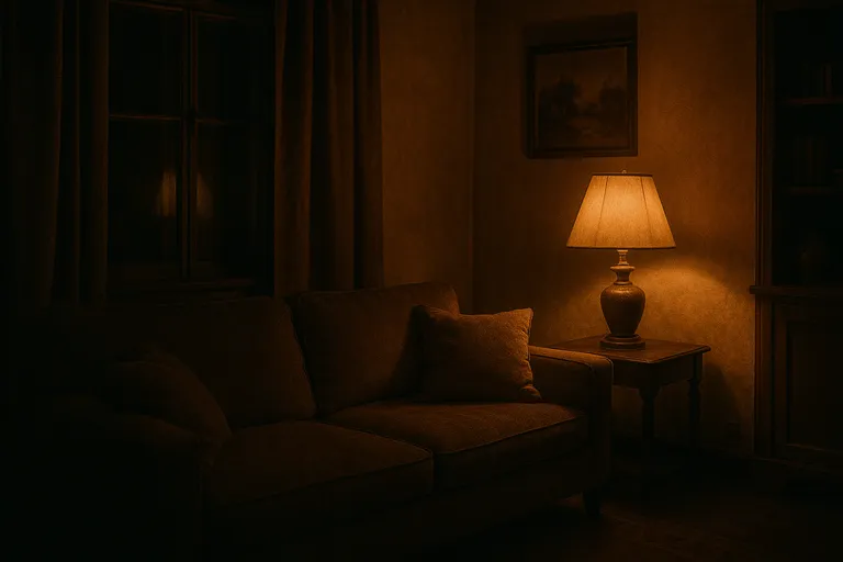 A dim, warm-toned interior scene featuring a couch and a lamp, lit by a single tungsten light source with soft falloff.