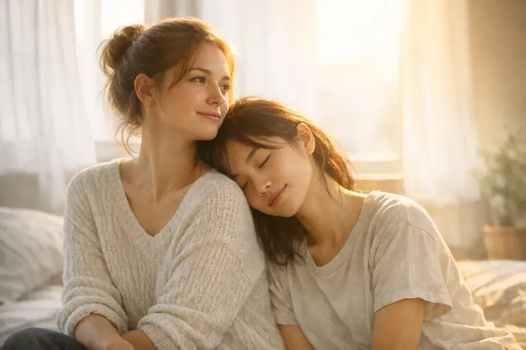 One person resting their head on another’s shoulder in soft morning light.