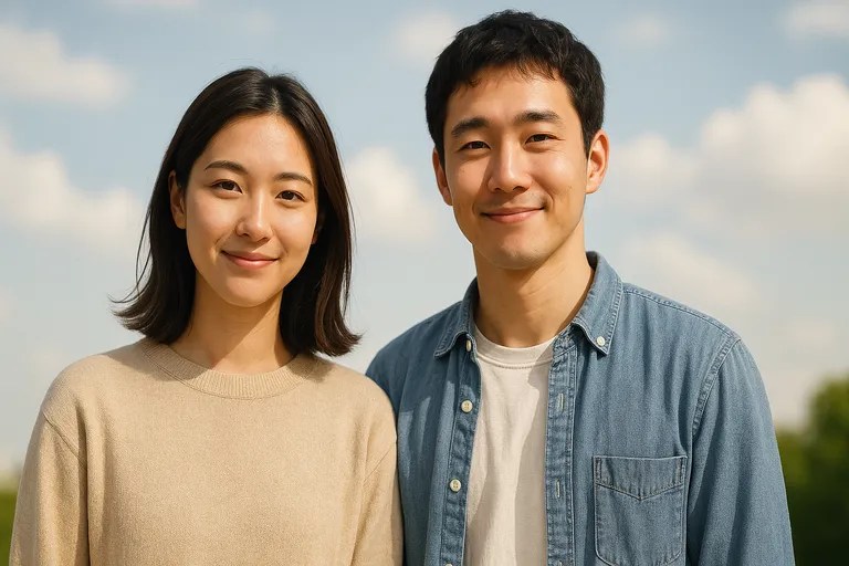 Two people standing side by side under soft bright daylight, smiling gently.