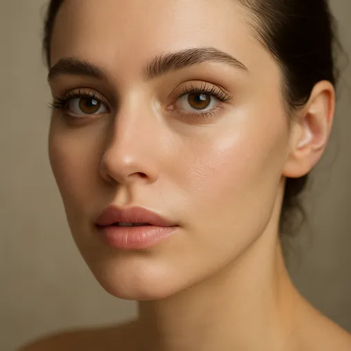 An extreme close-up beauty portrait focusing on the model's clean skin, defined eyebrows, and large brown eyes.