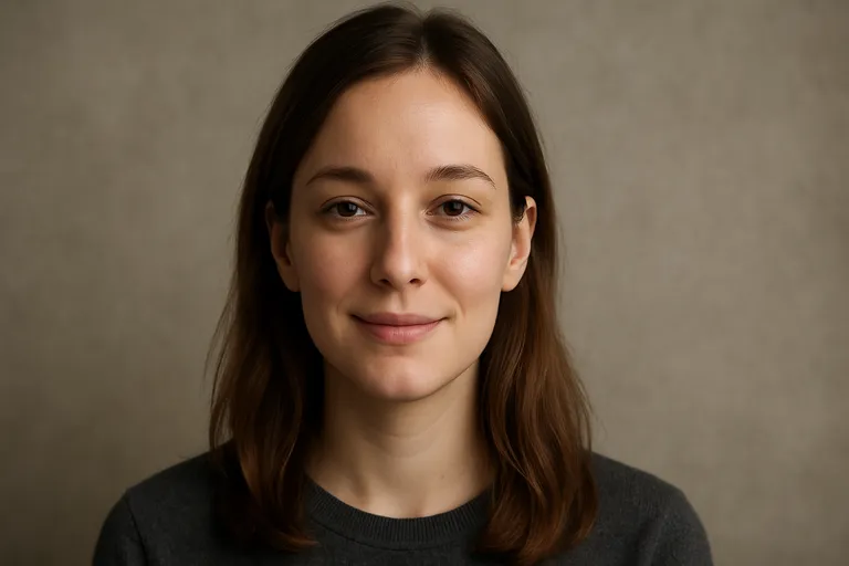 A woman with a subtle, calm, closed-lip smile and a direct, soft gaze against a neutral background.