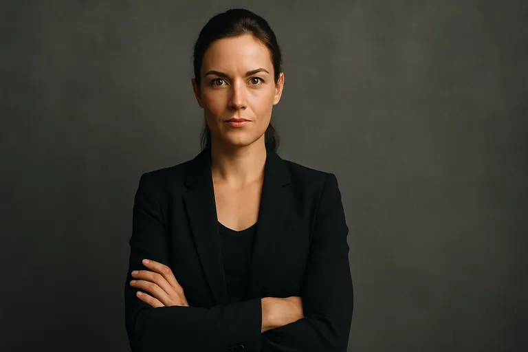 A woman in a black blazer with a direct, confident gaze and strong, crossed-arm posture against a dark gray background.