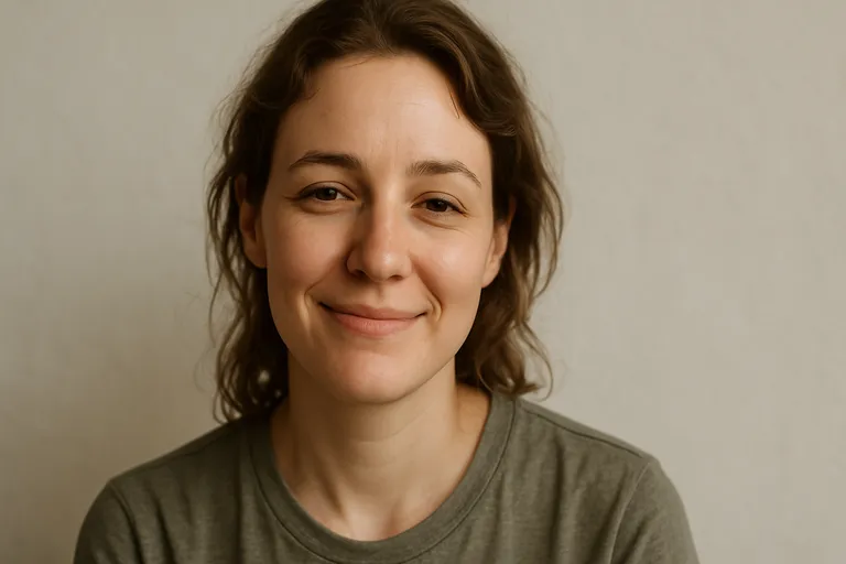 A woman with long brown hair giving a gentle, relaxed smile with softened eyes against a plain background.