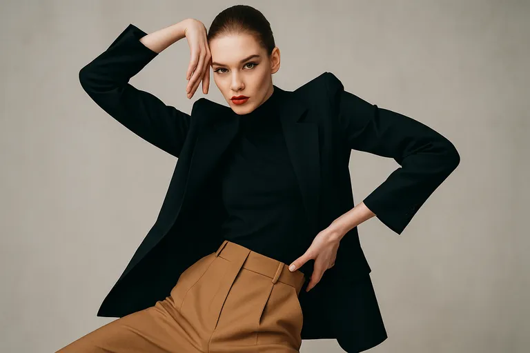 A woman in a black blazer and brown pants with bent arms and a head tilt, creating bold, angular, and geometric shapes.
