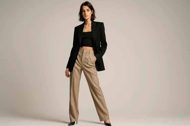 A woman in a black top and beige high-waisted pants standing in a natural contrapposto pose with one hand in her pocket.