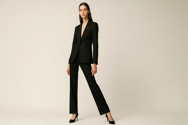 A tall, slender woman in a black suit striking an elongated standing pose with one leg extended and arms relaxed at her sides against a neutral background.