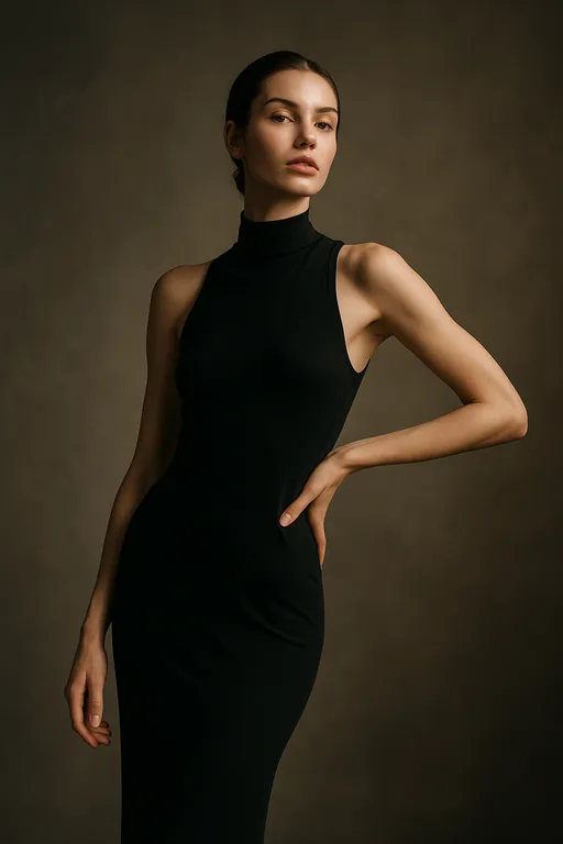 A tall, slender model in a black sleeveless dress posing with an elongated posture and one hand on her hip against a dark background.
