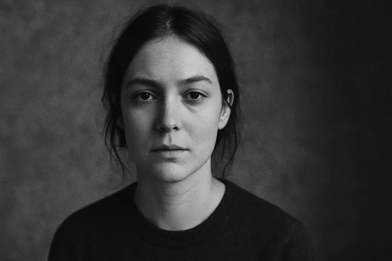 A high-contrast, expressive black and white portrait of a woman with visible film grain and deep shadow detail.