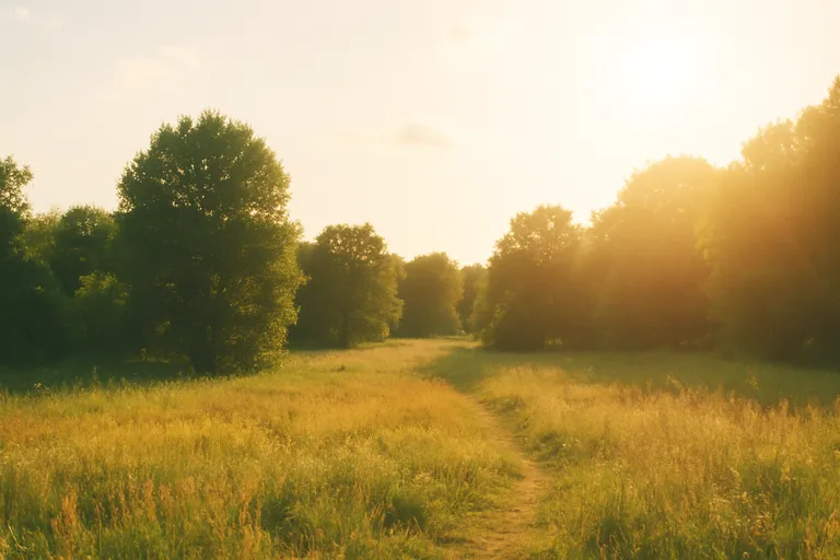 A sunlit meadow with a path winding through tall grass, featuring soft highlight rolloff characteristic of film photography.
