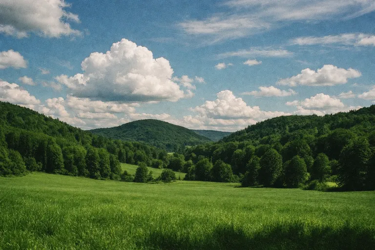 A vivid summer landscape with rich green hills, deep blue skies, and voluminous white clouds, featuring deep saturation.