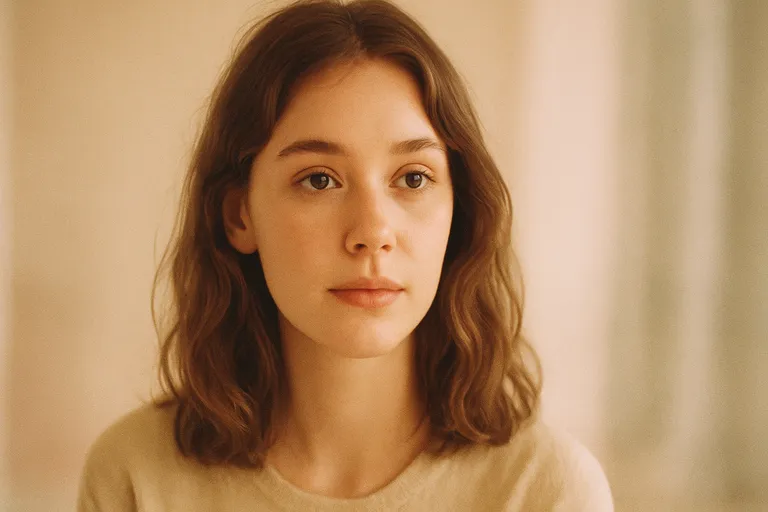 A soft, warm-toned portrait of a woman with curly hair looking at the camera, featuring pastel tones and gentle contrast.