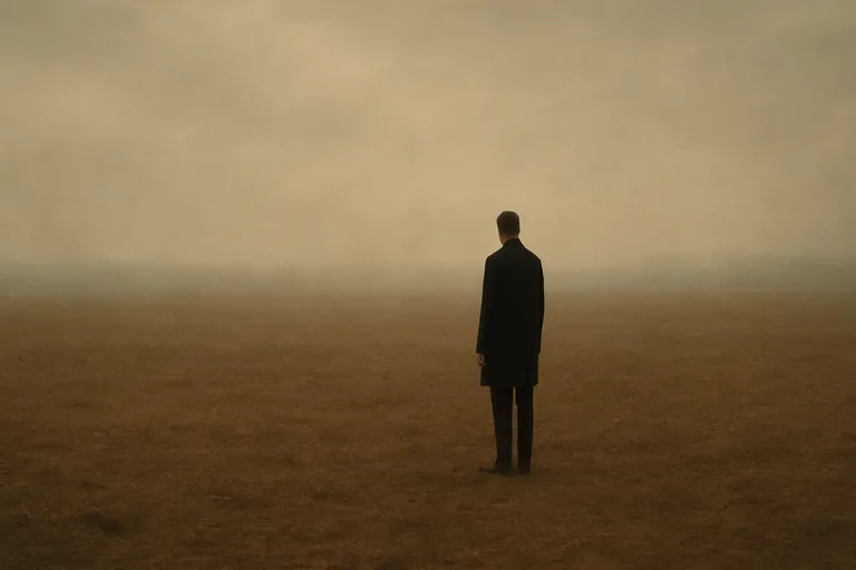 A lone man in a black coat standing with his back to the camera in a vast, misty, sepia-toned field, emphasizing loneliness.