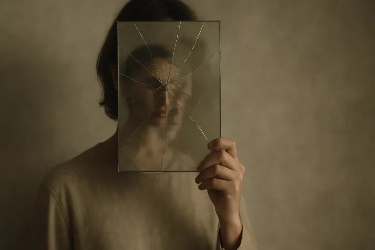 A figure holding a cracked piece of glass over their face, obscuring the view and symbolizing fragmented identity or emotional damage.