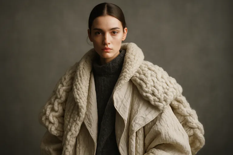 A high-fashion portrait of a model wearing a large, textured cream-colored coat over a gray turtleneck against a neutral background.