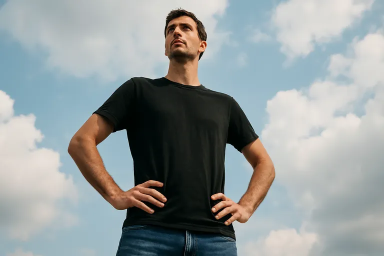 Low-angle shot of a man in a black T-shirt standing confidently with his hands on his hips against a cloudy blue sky.