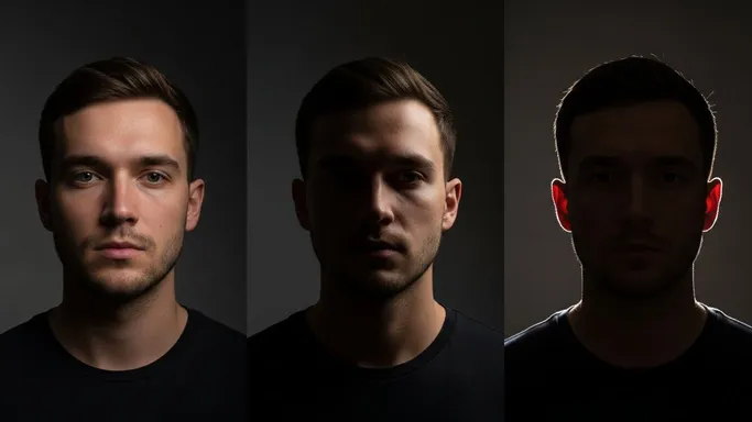 Three-panel comparison of a man's portrait showing front, side, and rim lighting effects.
