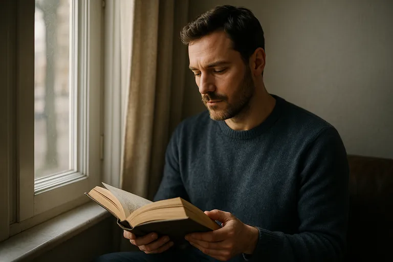A man reading a book near a window, illuminated by soft natural daylight that highlights his profile.