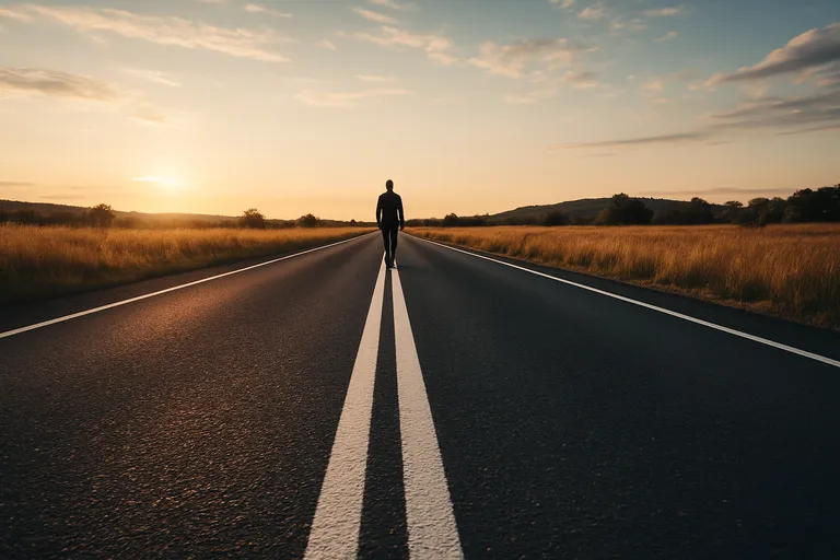 Silhouette of a man walking down the center of a long road at sunset, surrounded by fields.
