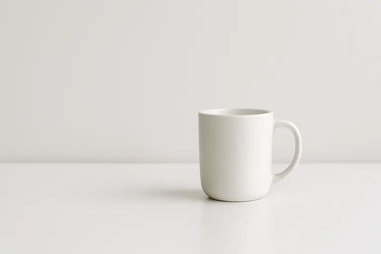 A minimalist white ceramic mug placed on the right side of a clean white surface against a matching white wall.