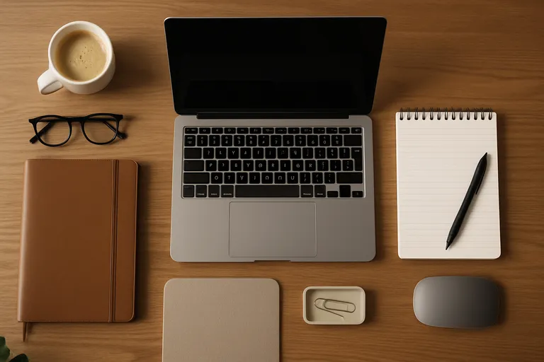 An organized flat-lay overhead shot of a laptop, coffee mug, glasses, notebook, and leather journal on a wooden desk.