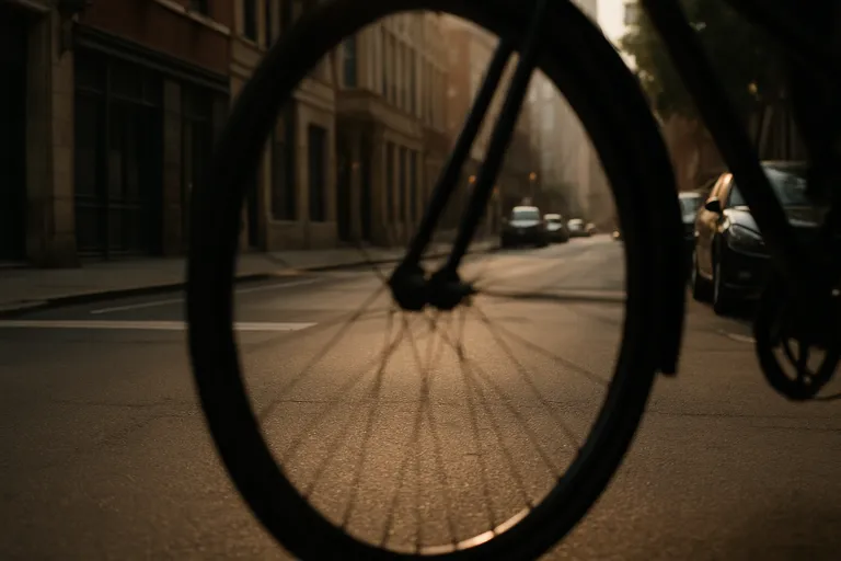 A warm-toned street scene in a city, partially obscured by the blurred foreground of a bicycle wheel, suggesting a documentary style.