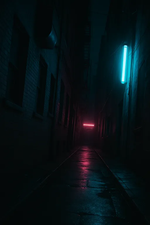 An empty, wet, tilted alleyway illuminated by bright pink and cyan neon lights, creating an unsettling mood.