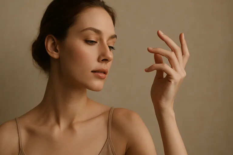 A close-up portrait of a woman looking down, with one hand raised near her face in a soft, fluid, and graceful gesture.