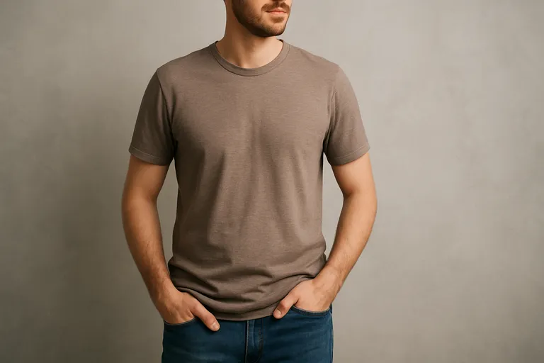 A man standing relaxed with one hand casually placed in his front pocket, wearing a simple t-shirt.