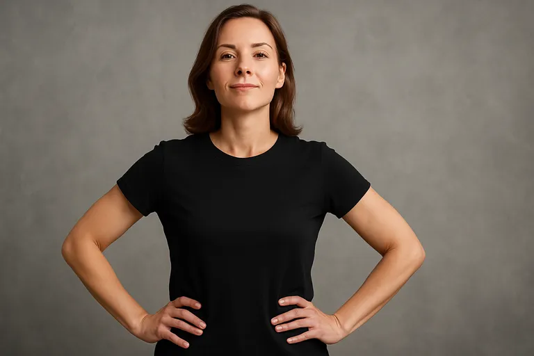 A woman standing with both hands placed firmly on her hips, creating a strong, symmetrical, and confident shape.