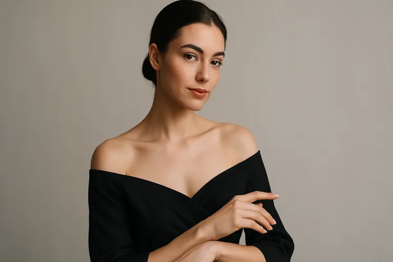 A woman with one shoulder slightly tilted, wearing an off-the-shoulder top, adding an elegant, refined look to the portrait.