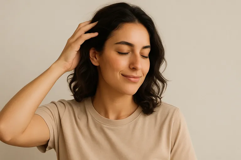 A woman with eyes closed, gently touching her dark, curly hair with one hand in a relaxed, casual pose.