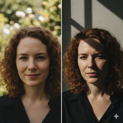 Portrait of a woman with curly red hair shown in two different lighting conditions.