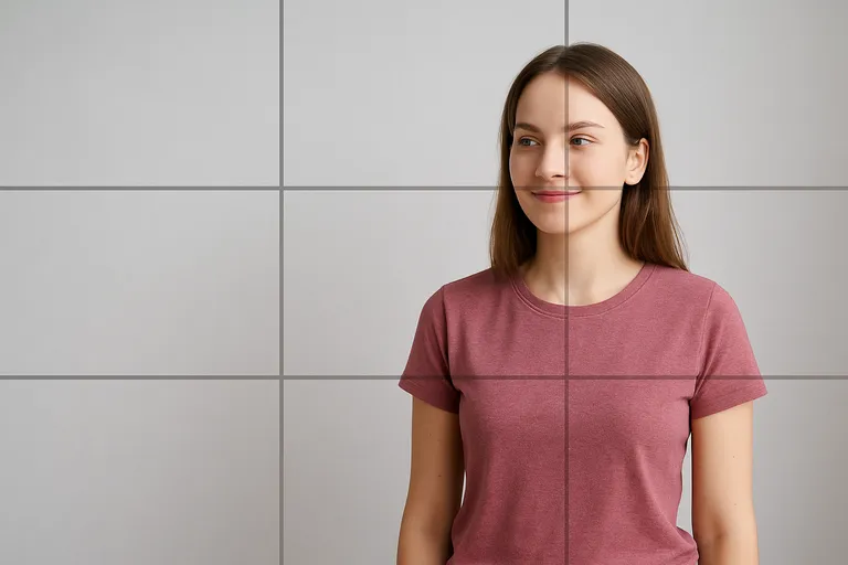 Portrait of a woman overlaid with the rule of thirds grid, looking toward the side.
