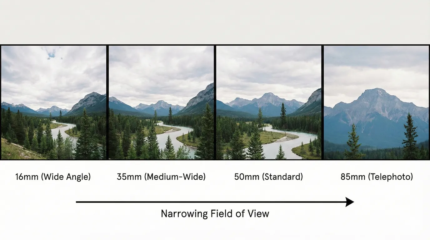 Illustration comparing the field of view for different focal lengths: 16mm (ultra-wide), 35mm (wide), 50mm (standard), and 85mm (telephoto), showing how the view narrows as the focal length increases.