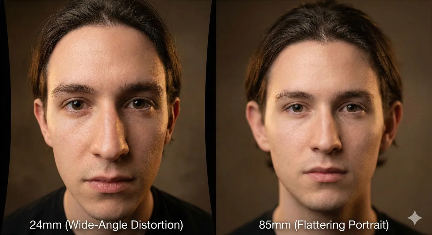 Side-by-side portrait comparison showing the effect of focal length on facial proportions: a 24mm wide-angle shot showing perspective distortion, versus an 85mm telephoto shot showing flattering compression.