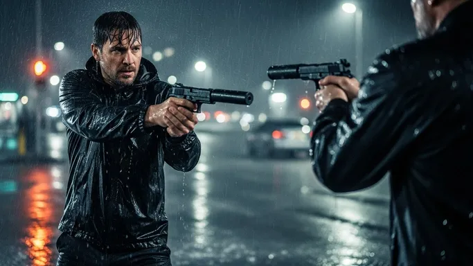 In a rain-soaked night street, two men face off at close range with suppressed pistols—hard reflections on wet asphalt and a high-risk, no-mistakes mood.