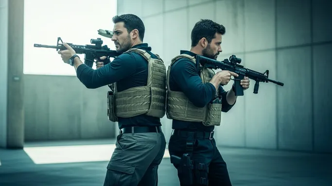 Two operators stand back-to-back with rifles up, covering opposing angles in a concrete space—mutual protection, coordination, and controlled urgency.