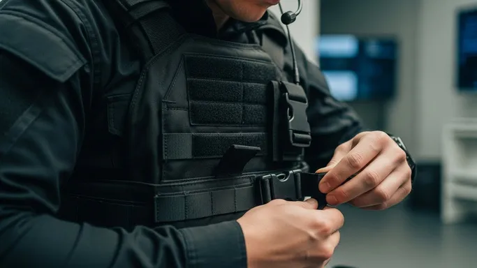 Tight detail of tactical gear being buckled and secured—pre-mission preparation that signals readiness, discipline, and escalation.